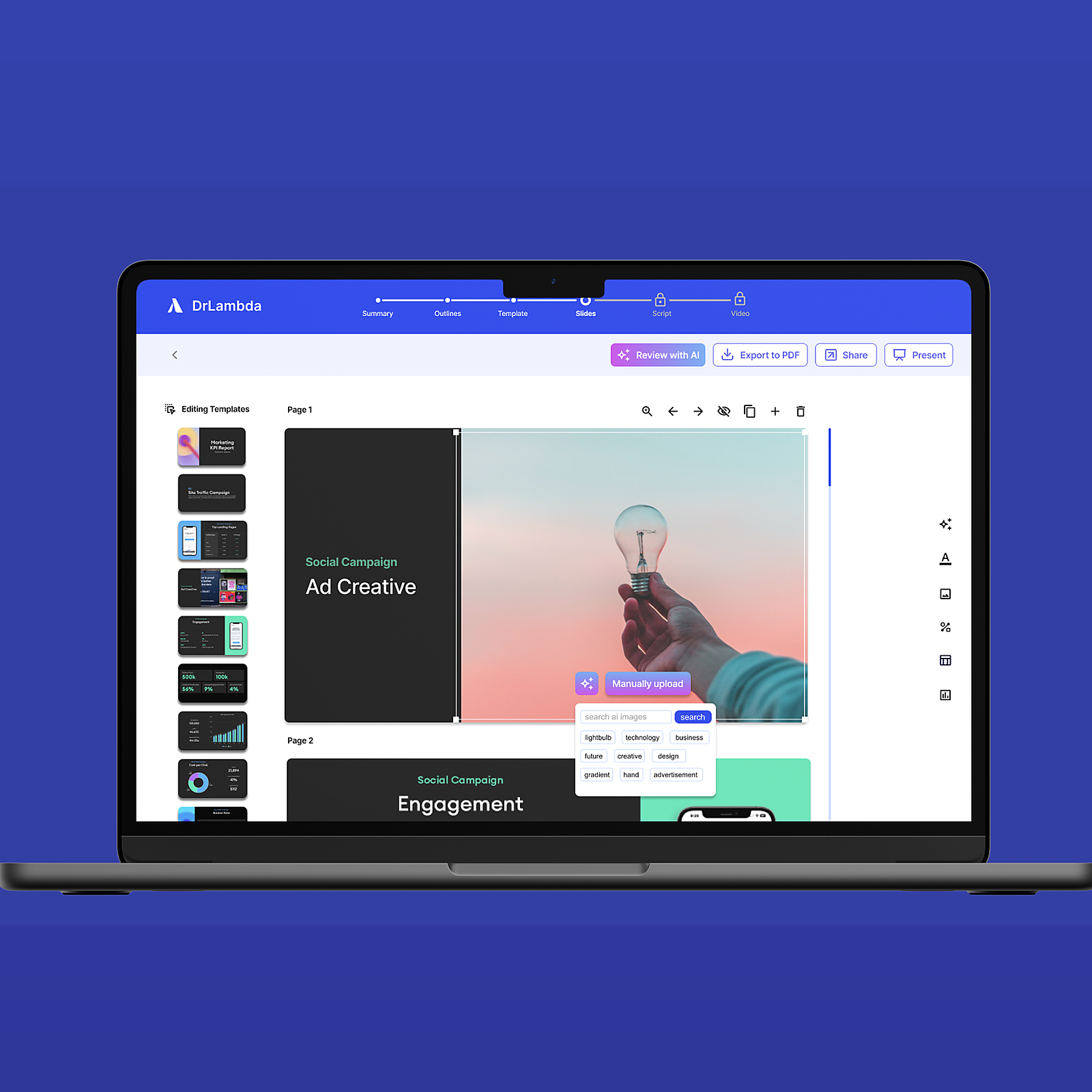 DrLambda AI presentation review workflow mockup